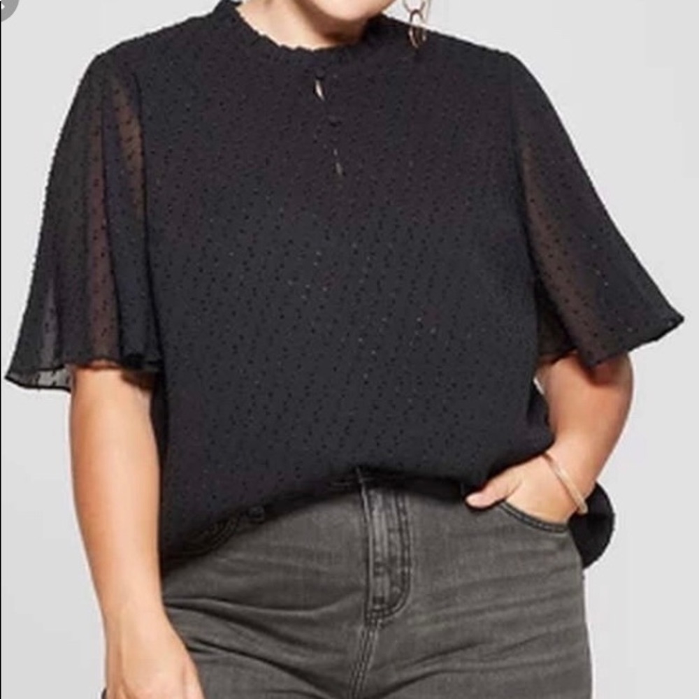 Ava & Viv: Black textured Flutter Sleeve Blouse 3x